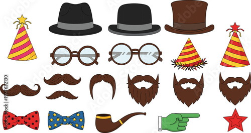Vintage costume accessories vector set, hats glasses mustaches beards party props isolated collection illustration design