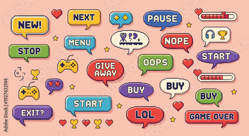 Colorful gaming speech bubbles interface set, cartoon game UI buttons with start pause buy icons and pixel style elements