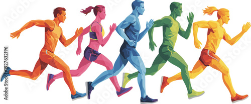 Colorful marathon runners group, dynamic men and women sprinting in motion modern vector illustration isolated on white background