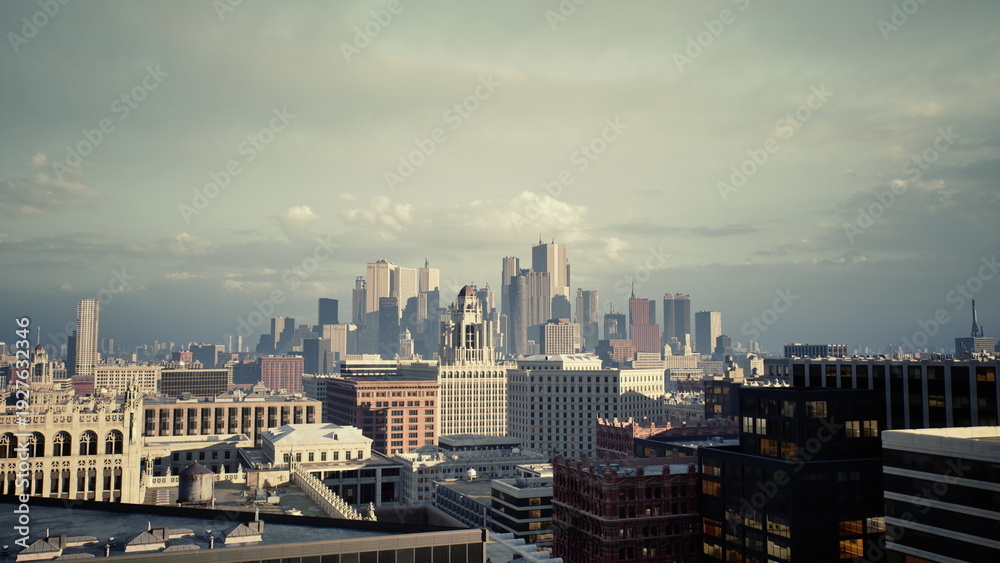 Obraz premium city skyline at sunrise casting golden light across rooftops, clear blue sky, busy streets in foreground, reflective glass towers, fresh atmosphere perfect