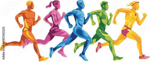Colorful running athletes group, dynamic men and women sprinting marathon race vector illustration isolated on white background
