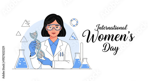 Illustration of a woman in a lab coat holding a DNA model on International Women's Day, celebrating women in STEM with a mix of scientific and festive elements.