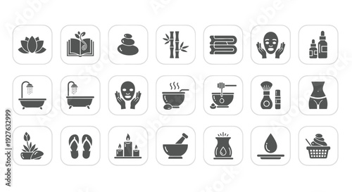 A set of black and white icons representing various spa and wellness treatments