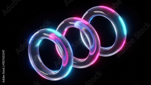Glowing neon rings on black background