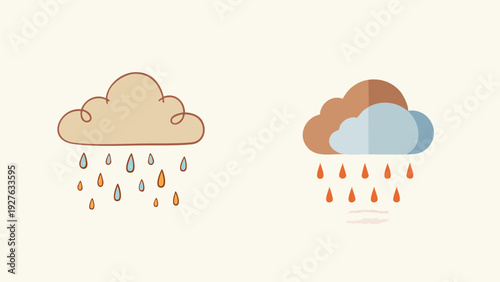 Two stylized clouds with rain drops depicted in a simple, flat, cartoonish illustration style, with warm and cool color palettes on a cream background