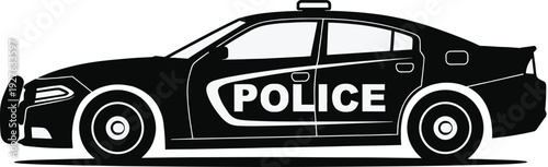 Black and White Police Car Silhouette Vector, Law Enforcement Patrol Vehicle, Side View Cruiser Illustration, Emergency Response Transport, Crime Prevention Graphi