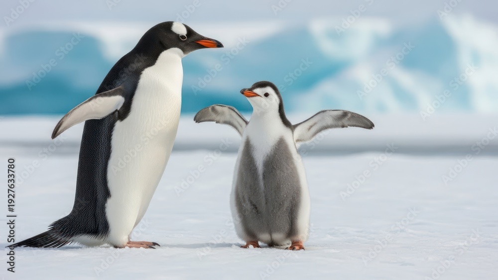 Fototapeta premium Penguins Standing on Iceberg in Antarctica.