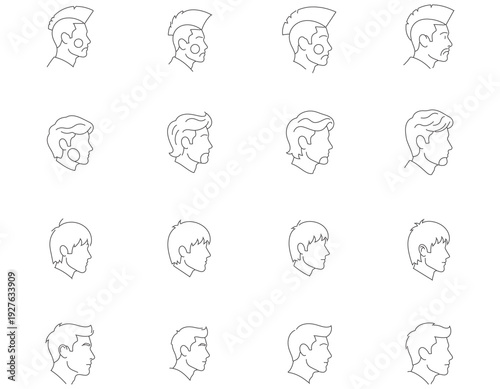 Collection of diverse male profiles illustrated in minimalist line art style