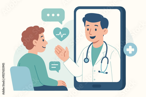 Flat vector illustration of a doctor consulting a patient through a smartphone screen