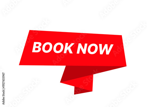 Book now banner with speech bubble label, sticker and sign template, modern call to action design for booking services, travel, hotels, events, websites, apps, and marketing promotions. Vector