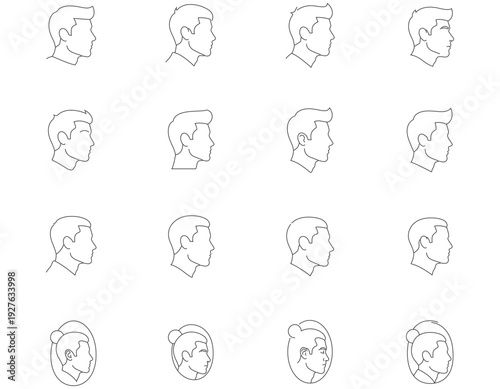 Collection of simple line art human head profiles and portraits displayed in a grid arrangement