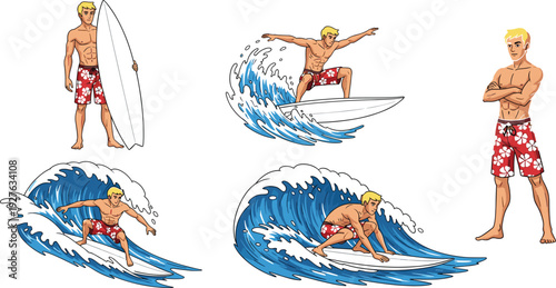Set of cartoon surfer man characters riding blue ocean waves and standing with surfboard, summer beach extreme sports, vector illustration.