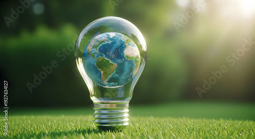 A glowing light bulb with a miniature earth inside, symbolizing eco-friendly ideas and innovation.