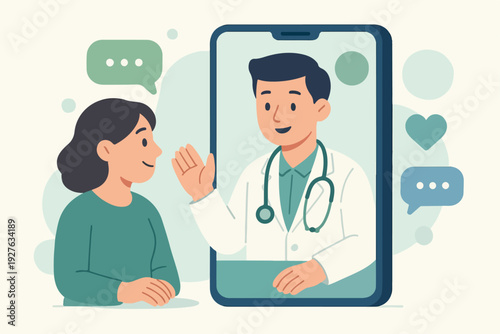 Flat vector illustration of a doctor consulting a patient through a smartphone screen