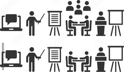 Business Presentation Icon Set with Corporate Meeting Symbols Featuring Laptop Chat Teacher Pointer Flipchart Workshop Seminar Podium and Professional Training Elements,