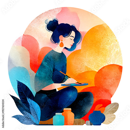 Young woman immersed in creative watercolor painting, blending vibrant hues in a serene artistic process, capturing the essence of personal expression and mindful artistry