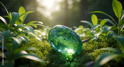 A radiant green gemstone nestled amidst lush foliage in a sunlit forest.