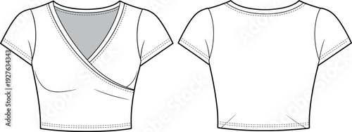 Crop top fashion technical flat sketch, short sleeve wrap V-neck blouse with crossover front, cropped length women's clothing vector illustration.