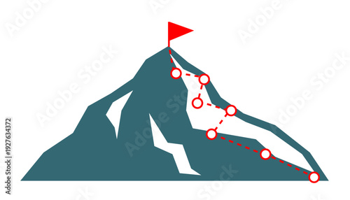 Mountain peak illustration with climbing path, checkpoints, and red flag symbolizing achievement, progress, challenge, goal tracking, and success journey, ideal for education, motivation, coaching