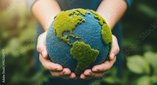 A pair of hands gently cradle a vibrant, moss-covered globe, symbolizing environmental care and global stewardship.