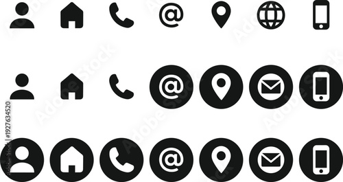 Contact Icon Set with Communication Symbols Featuring User Profile Home Address Phone Email Location Globe and Mobile Smartphone for Business Interface,