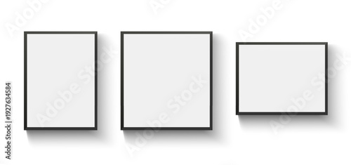 Realistic black picture frame mockup set with clean borders, isolated blank photo frames for home decoration, photography presentation, gallery walls, interior design, and branding showcases. Vector