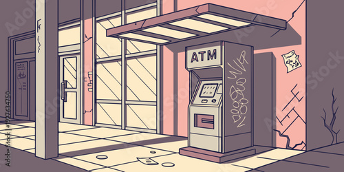 A vintage telephone booth stands alone in an empty, dimly lit room with a tiled floor. Vector