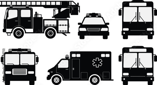 Emergency Vehicle Icon Set Featuring Fire Truck, Ambulance, Police Car, and Public Bus Silhouettes, Rescue Transport Vector Illustration, First Responder Graphics