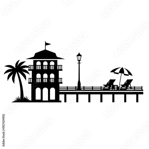 Serene pier with building, palm tree, lounge chairs, and lamp post, viewed from the side on a tranquil waterfront