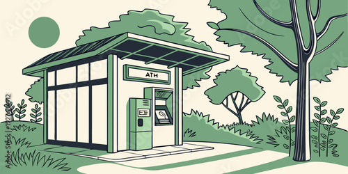 A small, modern house surrounded by trees in a serene, natural setting. Vector