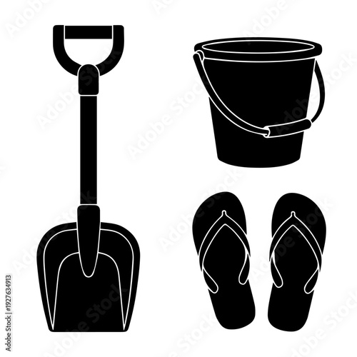 Beach accessories including shovel bucket and flipflops on white background from a straightforward view