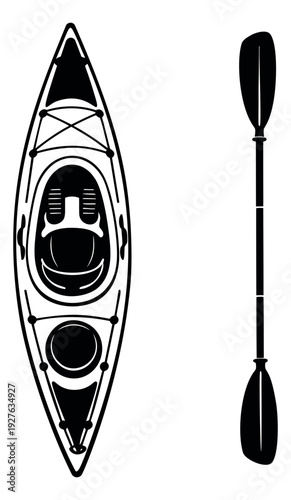 Black and white graphic water sport equipment set featuring a kayak and a paddle for water sports and outdoor activities