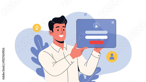 Professional man presenting a secure user login and password interface on a digital tablet for a mobile application.