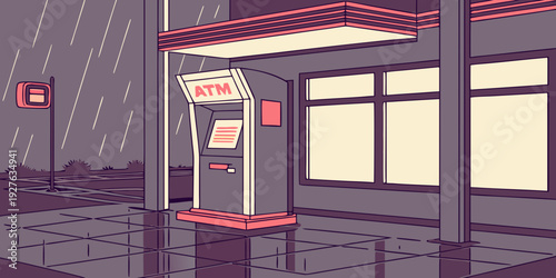 A bus stop with a shelter and bench, located near a building with a glass facade. Vector