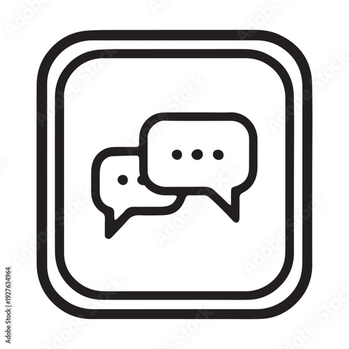 A simple black and white icon of two speech bubbles in a square