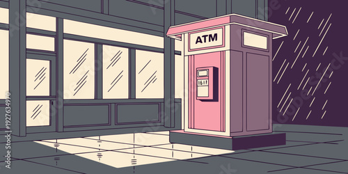 A vintage red telephone booth stands alone on a quiet street corner in a modern city. Vector