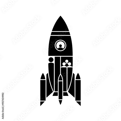 A sleek black rocket ship illustration soars into the sky with precision and power on a white background from a front viewpoint