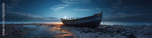 Moonlit shipwreck on a serene beach with stars above and calm water reflecting the night sky