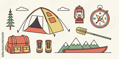 A vibrant and colorful illustration of camping gear and outdoor activities Vector