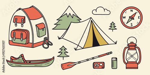 A serene camping scene with a tent, a cabin, and a canoe by a lake Vector