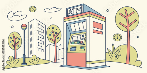 A vibrant and colorful mural depicting a street scene with a bus stop and various buildings. Vector