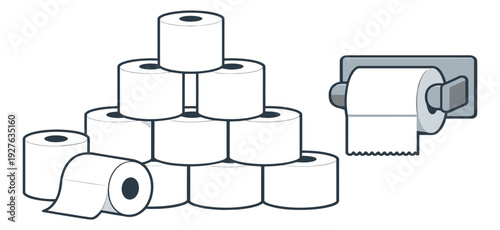 Clean line art bathroom supply set featuring a pyramid stack of toilet paper rolls and a dispenser for hygiene concepts