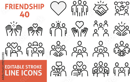 Friendship Line Icon Set Featuring People Outlines Hearts Handshakes High Fives Group Hugs and Social Connection Symbols for Community and Relationship,
