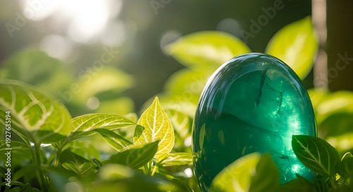 A close-up view of a green glass marble resting on a bed of fresh green leaves
