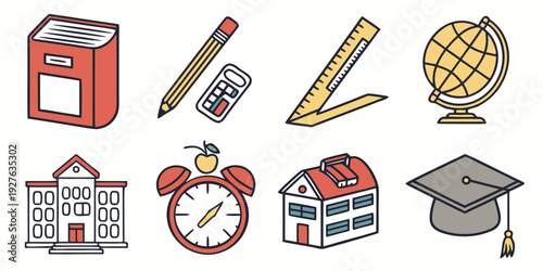A collection of icons representing various educational tools and subjects. Vector