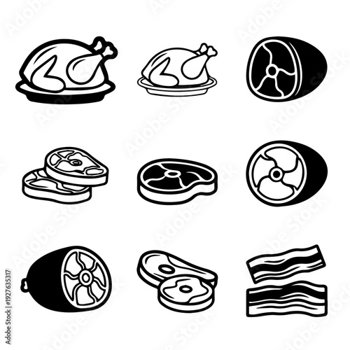 Assorted meat and poultry icons displayed in a grid on a transparent background
