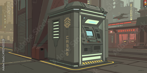 A futuristic vending machine stands alone in a dimly lit alleyway, casting an eerie glow. Vector