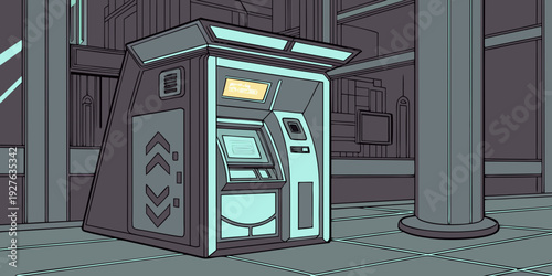 A futuristic robot stands in a dimly lit room surrounded by advanced machinery. Vector