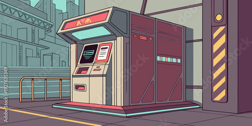 A vibrant illustration of a red vending machine on a city street corner Vector