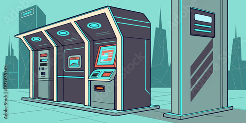 A group of people using different types of atms in a city setting. Vector